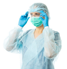 Laboratory assistant, a doctor in protective medical clothing adjusts his glasses. isolated