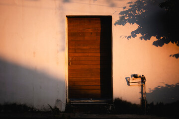 A door lit by the sun.