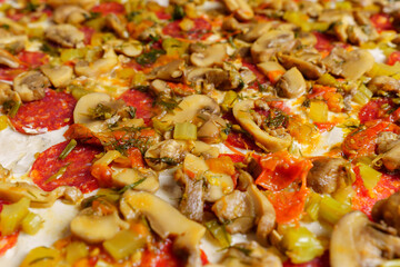 Raw and ingredients for pizza close-up, background, mushrooms sausage salami spices