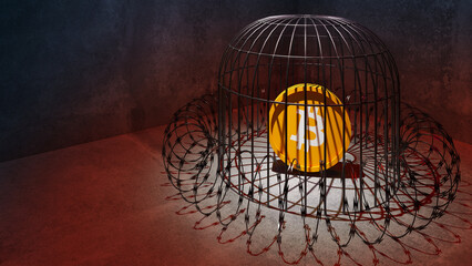 Bitcoin is imprisoned no freedom concept 3D illustration