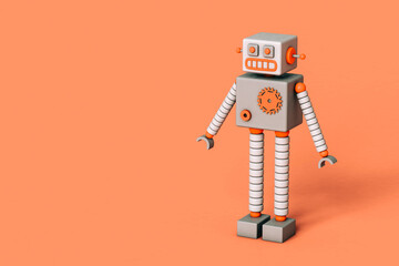 A cartoon robot on a pink background with copy space