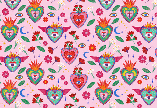 Sacred hearts and flowers, love illustration
