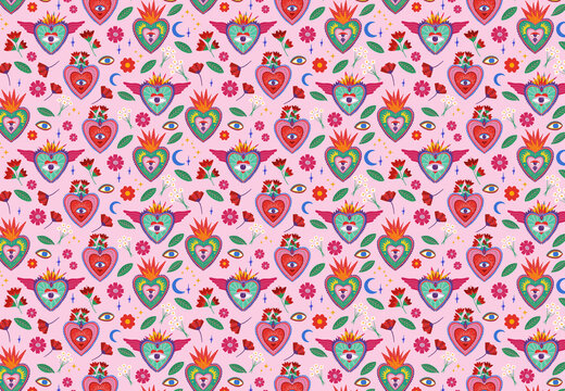 Sacred hearts and flowers, love illustration