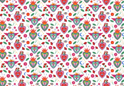 Sacred hearts and flowers, love illustration