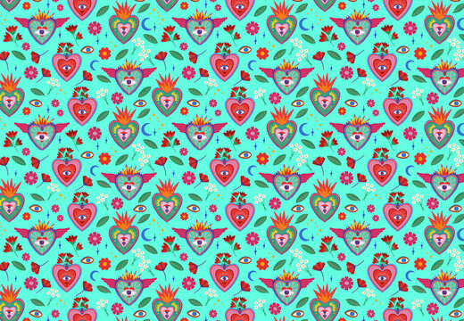 Sacred hearts and flowers, love illustration