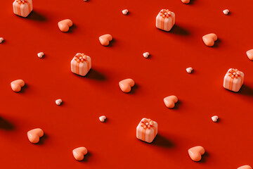  3D hearts and pink presents on red background.