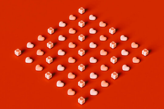  3D hearts and pink gifts organized on red background. - Powered by Adobe
