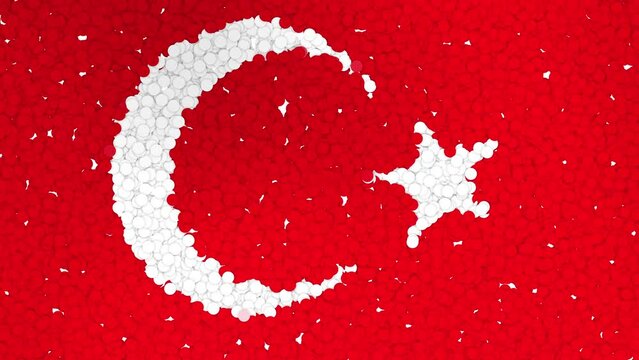 3d animated national flag of Turkey, animation consist of many colorful twinkling small particles. Close up 4k resolution video.