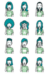 人差し指を立てる、いろいろな髪型の女性の顔