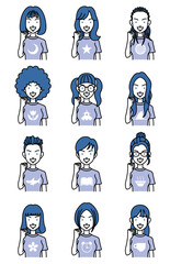 拳を握りしめる、いろいろな髪型の女性の顔