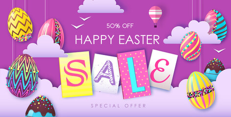 Holiday Easter background with colorful easter eggs and clouds. Easter sale poster. Vector illustration