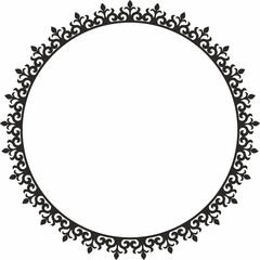 Vector round monochrome Kazakh national frame. Ornamental circle. Ethnic pattern of nomadic peoples of the Great Steppe, Kyrgyz, Mongols, Bashkirs, Buryats, Kalmyks.
