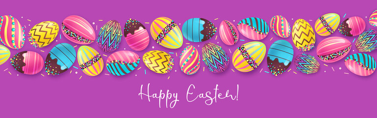 Holiday Easter background with colorful easter eggs and sweet decoration. Greeting card or poster. Vector illustration