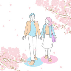 桜並木の下を歩くカップルのイラスト