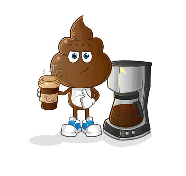 human shit head cartoon drinking coffee illustration. character vector
