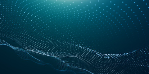 Abstract background with wave of flowing particles. smooth curve shape lines, particle array flow light background. 3d shape glowing dots blended mesh, technology relaxing wallpaper. 