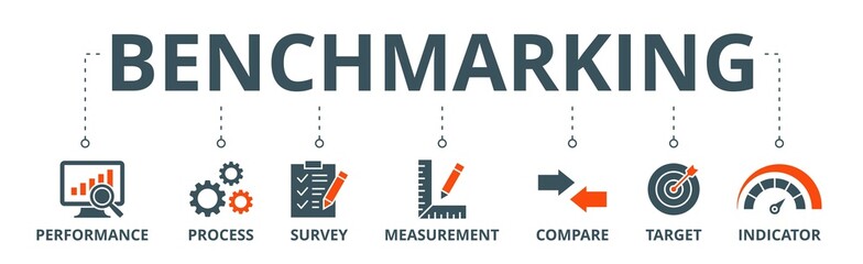 Benchmarking banner web icon vector illustration concept for the idea of business development and improvement with an icon of performance, process, survey, measurement, compare, target, and indicator - obrazy, fototapety, plakaty
