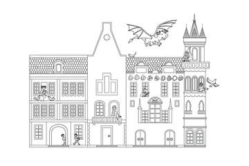 Vector medieval street doodle.Vector line illustration.Coloring adult book. Fairy houses with princess, cavalier and dragon.