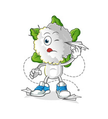 cauliflower head cartoon with paper plane character. cartoon vector