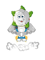 cauliflower head cartoon with jetpack mascot. cartoon vector