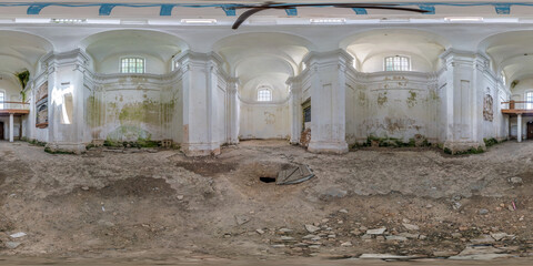 spherical seamless hdri 360 panorama view inside of empty concrete structures of abandoned ruined building of church with white walls in equirectangular projection, VR AR content