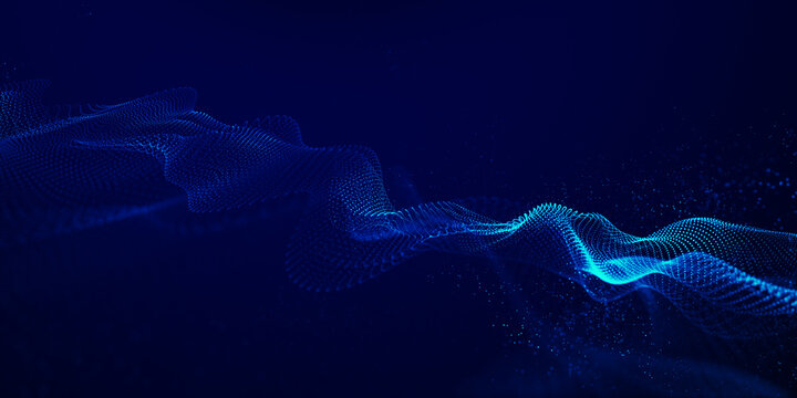 Abstract background with wave of flowing particles. smooth curve shape lines, particle array flow light background. 3d shape glowing dots blended mesh, technology relaxing wallpaper, landing page © AVADA