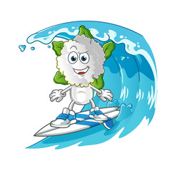 cauliflower head cartoon surfing character. cartoon mascot vector