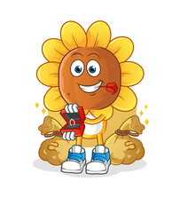 sunflower head cartoon propose with ring. cartoon mascot vector