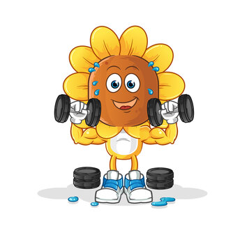 sunflower head cartoon weight training illustration. character vector