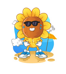 sunflower head cartoon sunbathing in summer. character vector