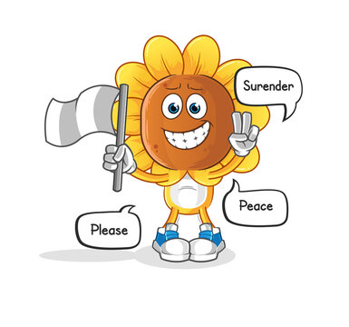 sunflower head cartoon hold surrender flag mascot. cartoon vector