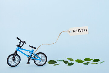 Creative eco delivery concept. Bicycle emitting green leaves and tag with delivery text on blue...