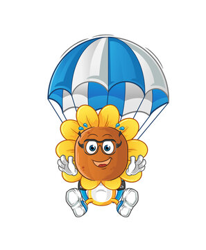 recommend clip art: sunflower head cartoon skydiving character. cartoon mascot vector