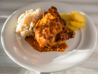 Pollo al Mani Chicken in Peanut Sauce from Peru with Rice and Yellow Potatoes 