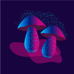 Abstract mushrooms,  neon color, black background. Futurism. Vector illustration, minimalist, hand drawn.