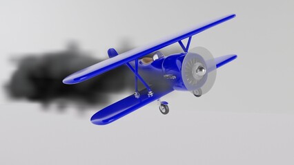 image of a flying blue biplane, a flying blue plane on a white background