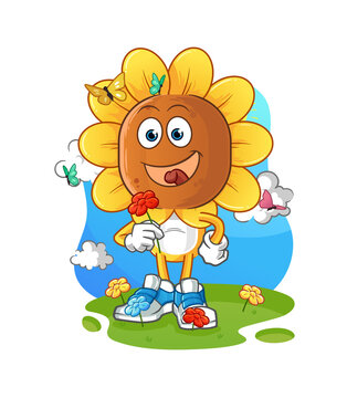 sunflower head cartoon pick flowers in spring. character vector