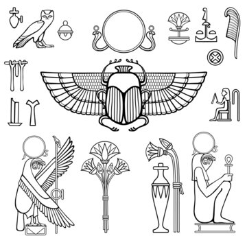 Animation linear drawing: set of Egyptian symbols. Sacred bird god Gore, winged beetle scarab. Vector illustration isolated on a white background. 