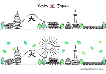 Fototapeta premium 手描きの夏の京都の観光地の街並みシンプル線画セット