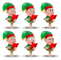 Christmas Elf reading and pointing at an opened book. Vector cartoon character illustration of Santa Claus's little worker, helper.