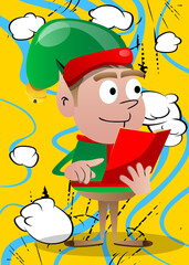 Christmas Elf reading and pointing at an opened book. Vector cartoon character illustration of Santa Claus's little worker, helper.