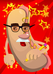 Hot Dog writing with pencil. American fast food as a cartoon character with face.