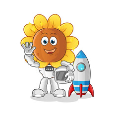 sunflower head cartoon astronaut waving character. cartoon vector
