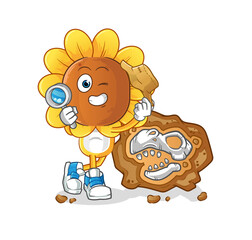 sunflower head cartoon archaeologists with fossils mascot. cartoon vector