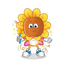 sunflower head cartoon fairy with wings and stick. cartoon vector