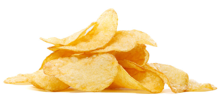 A slide of potato chips is isolated on a white background. Full clipping path.