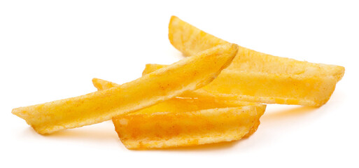 Potato chips in the form of sticks are isolated on a white background. Potato sticks are chips.