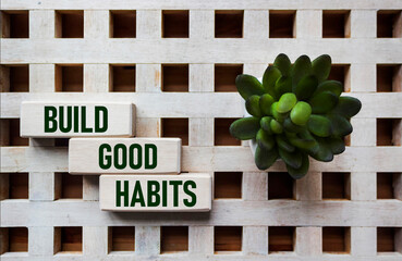 Symbol of good habits. Wooden blocks with the words build good habits. Beautiful vintage wooden...