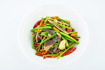 Chinese food, a plate of spicy pork belly with celery