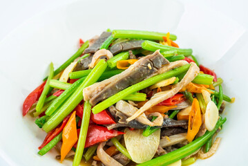 Chinese food, a plate of spicy pork belly with celery